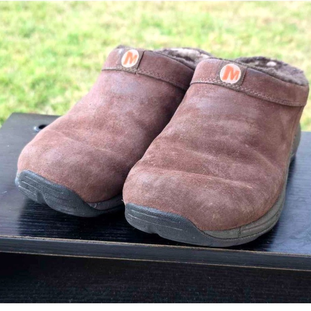 Merrell Encore Ice Brown Suede Faux Fur Lined Slip On Clogs Mules Womens 8.5